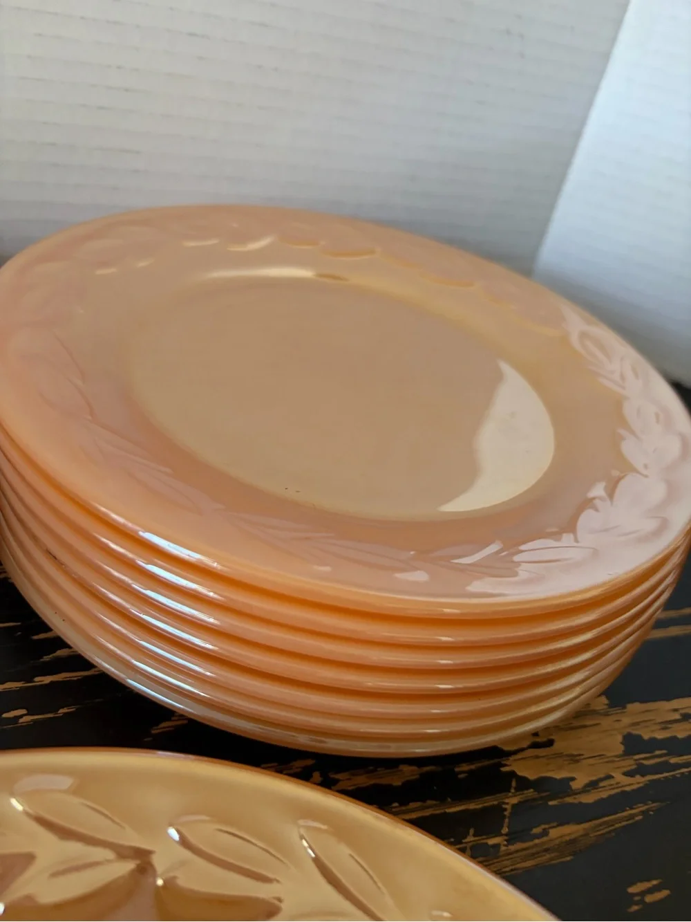 Set of Vintage Fire King Peach Lustre Laurel Leaf bowls and plates